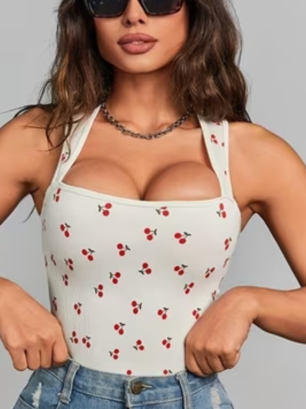 Cream Color Cherry-Print Ribbed Square-Neck Tank Top - Picture 3 of 9
